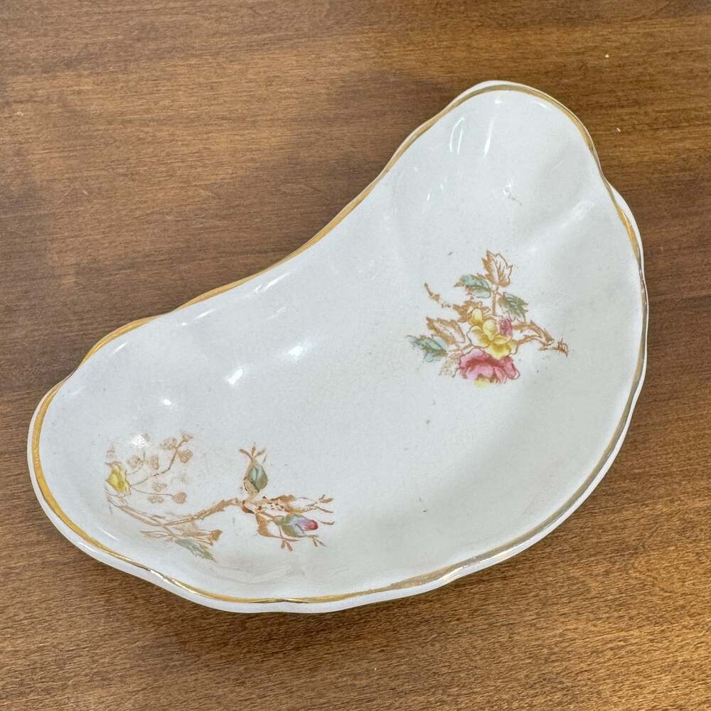 Antique Anchor Pottery USA Kidney Bean Shaped Bone Dish Plate Floral Gold Trim